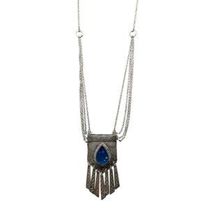 Boho Vintage Silver Necklace  Blue Pendant & Dangling Accents Tribal Statement J
